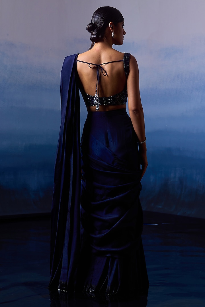 Midnight Blue Silk Pre-Draped Wedding Saree Set by Angad Singh at Pernia's Pop Up Shop