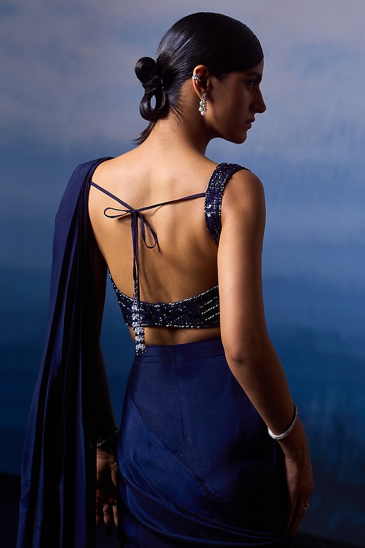 Midnight Blue Silk Pre-Draped Wedding Saree Set by Angad Singh at Pernia's Pop Up Shop