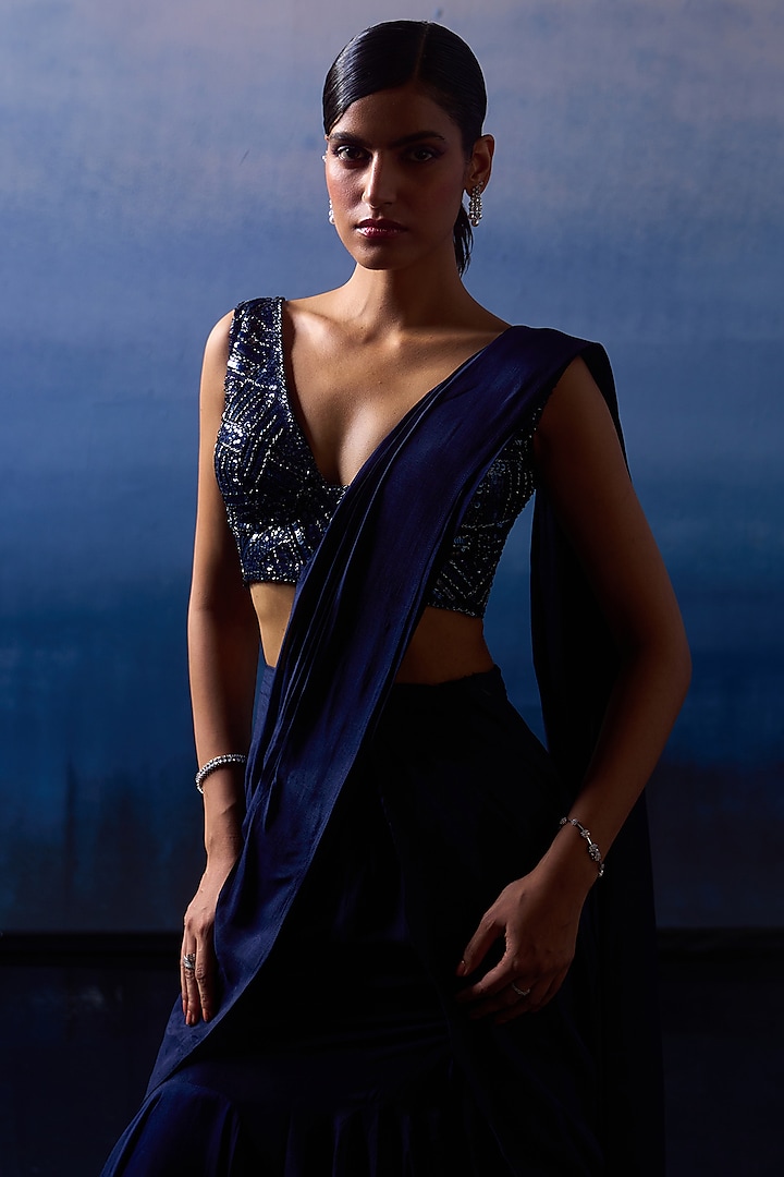 Midnight Blue Silk Pre-Draped Wedding Saree Set by Angad Singh at Pernia's Pop Up Shop
