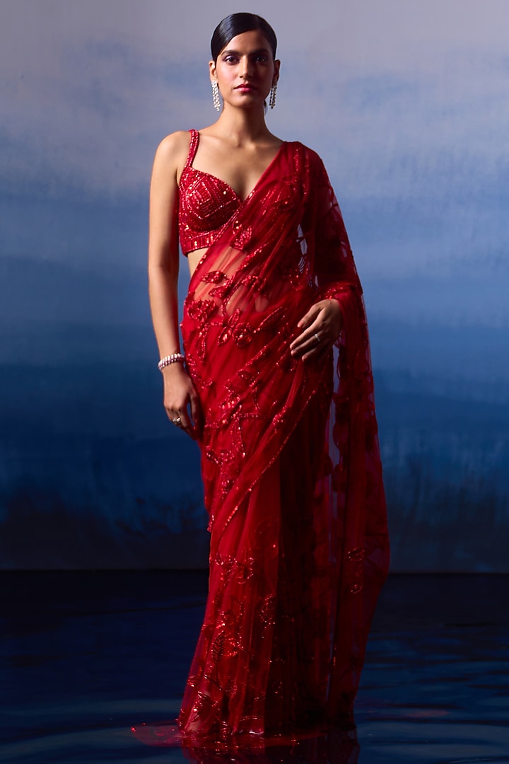 Ruby Red Net Sequins & Crystal Embroidered Saree Set by Angad Singh at Pernia's Pop Up Shop