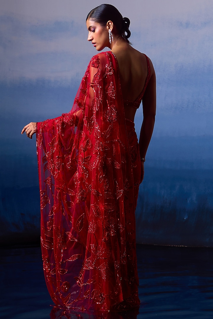 Ruby Red Crystal Saree set main image 1