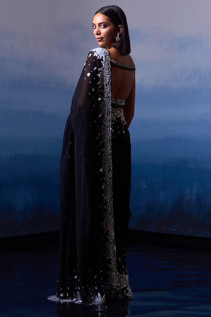 Black Georgette Pearl & Sequins Embroidered Wedding Saree Set by Angad Singh at Pernia's Pop Up Shop