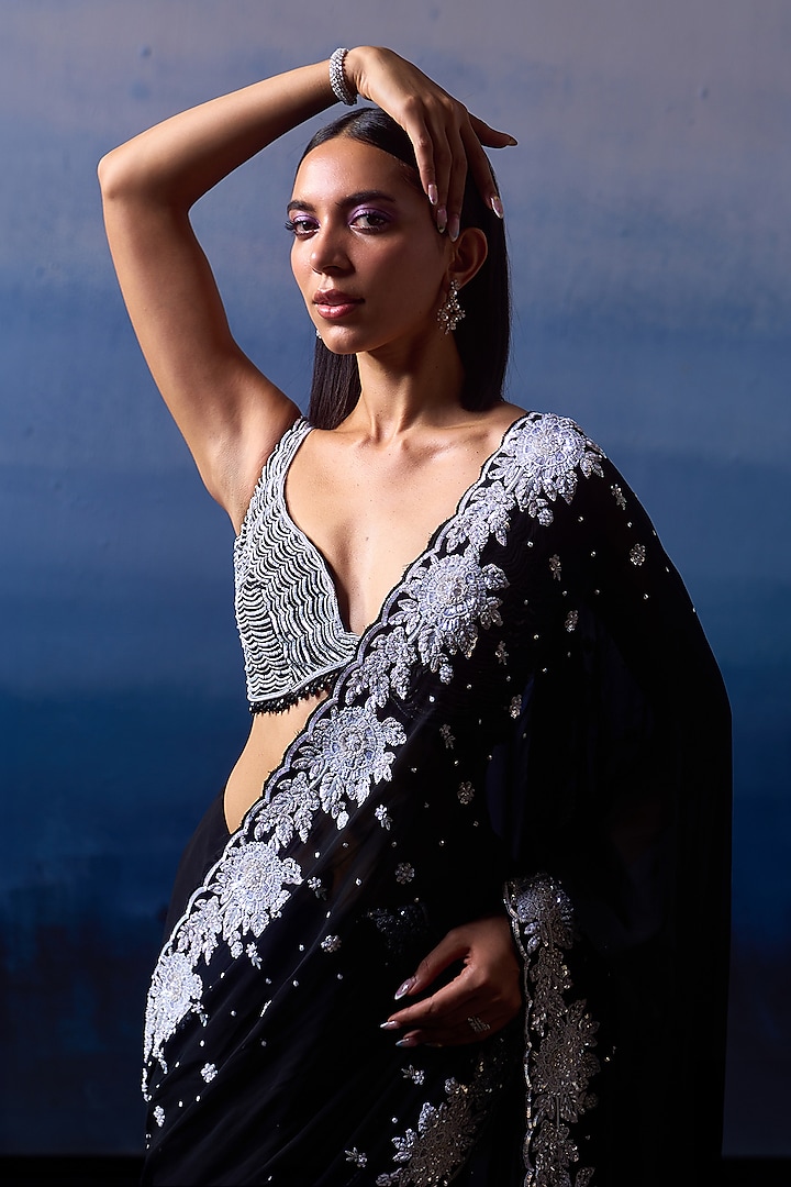 Black Georgette Pearl & Sequins Embroidered Wedding Saree Set by Angad Singh at Pernia's Pop Up Shop