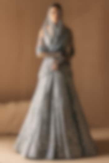 Steel Grey Satin Organza Sequins Embroidered Bridal Lehenga Set by Angad Singh at Pernia's Pop Up Shop