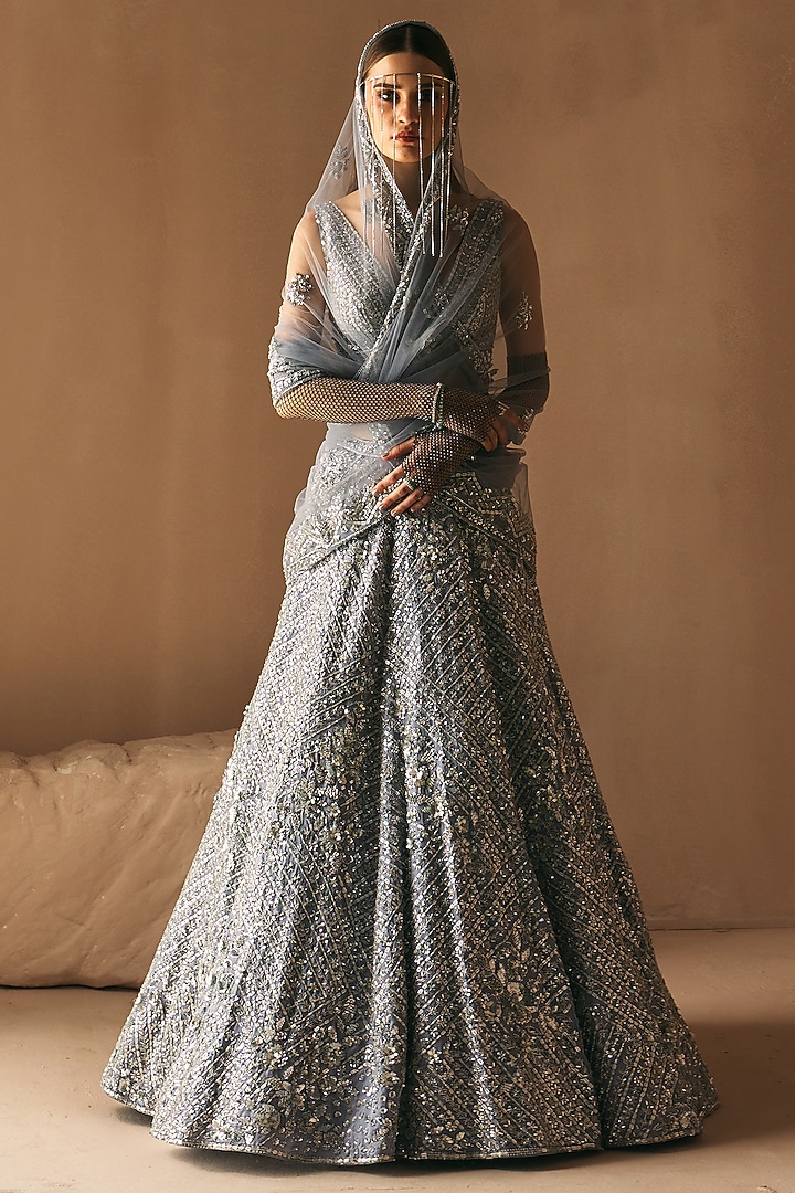 Steel Grey Satin Organza Sequins Embroidered Bridal Lehenga Set by Angad Singh at Pernia's Pop Up Shop