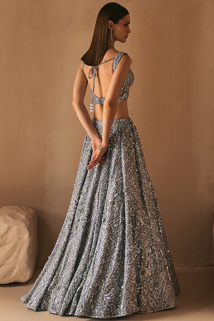 Steel Grey Satin Organza Sequins Embroidered Bridal Lehenga Set by Angad Singh at Pernia's Pop Up Shop