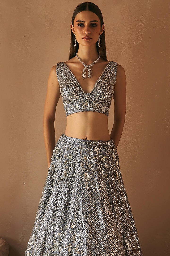 Steel Grey Satin Organza Sequins Embroidered Bridal Lehenga Set by Angad Singh at Pernia's Pop Up Shop