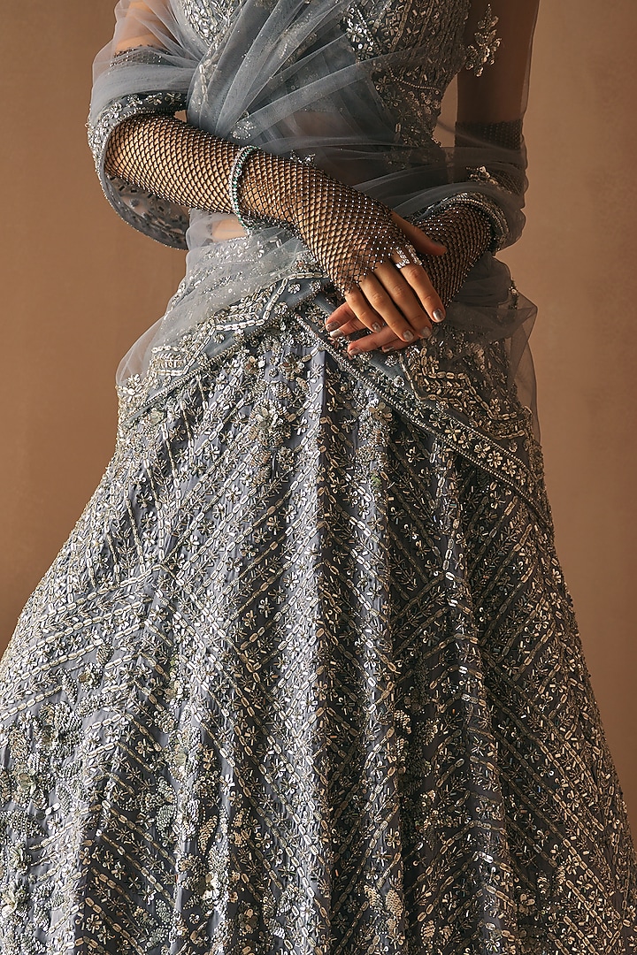 Steel Grey Satin Organza Sequins Embroidered Bridal Lehenga Set by Angad Singh at Pernia's Pop Up Shop