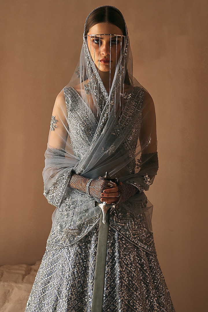 Steel Grey Satin Organza Sequins Embroidered Bridal Lehenga Set by Angad Singh at Pernia's Pop Up Shop