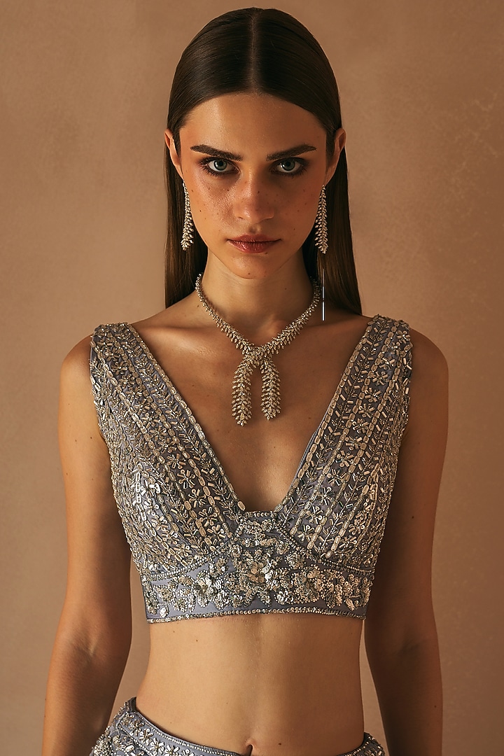 Steel Grey Satin Organza Sequins Embroidered Bridal Lehenga Set by Angad Singh at Pernia's Pop Up Shop