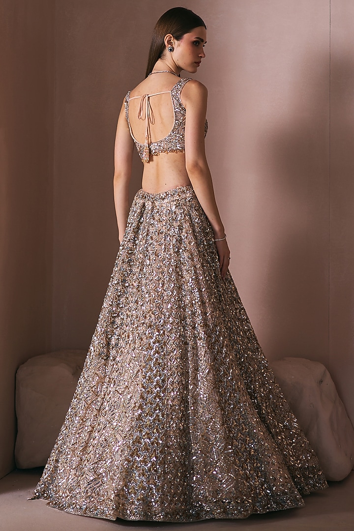 Champagne Gold Net Sequins Embroidered Bridal Lehenga Set by Angad Singh at Pernia's Pop Up Shop
