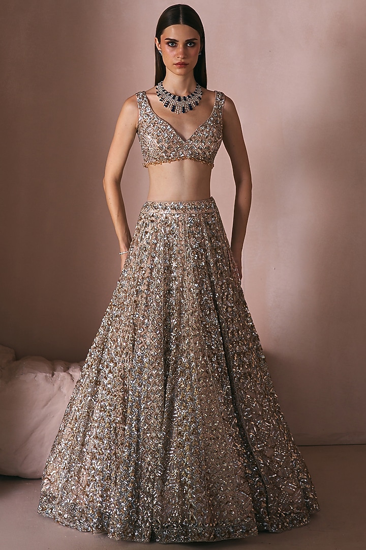 Champagne Gold Net Sequins Embroidered Bridal Lehenga Set by Angad Singh at Pernia's Pop Up Shop