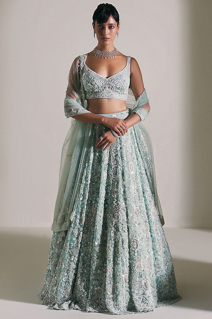 Tiffany Blue Organza Sequins Embroidered Bridal Lehenga Set by Angad Singh at Pernia's Pop Up Shop