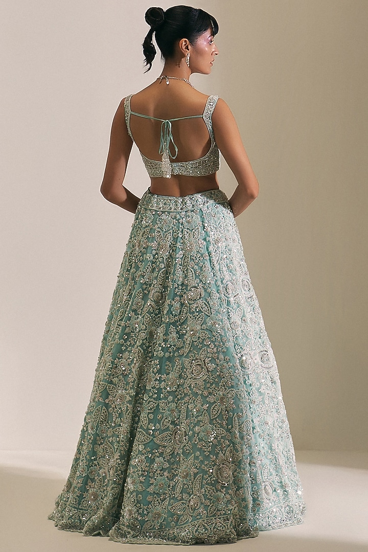 Tiffany Blue Organza Sequins Embroidered Bridal Lehenga Set by Angad Singh at Pernia's Pop Up Shop