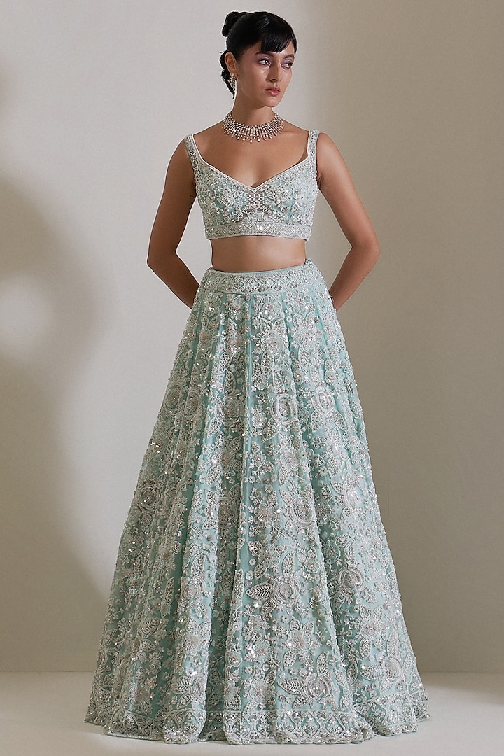 Tiffany Blue Organza Sequins Embroidered Bridal Lehenga Set by Angad Singh at Pernia's Pop Up Shop