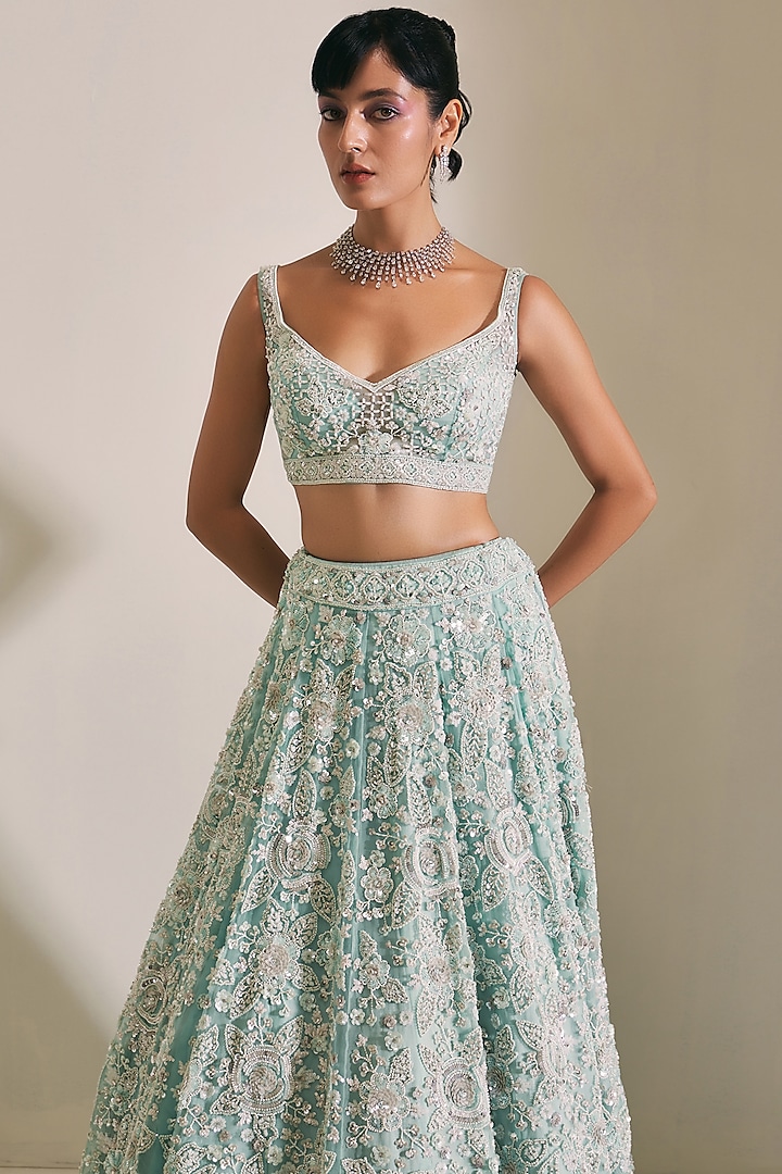 Tiffany Blue Organza Sequins Embroidered Bridal Lehenga Set by Angad Singh at Pernia's Pop Up Shop