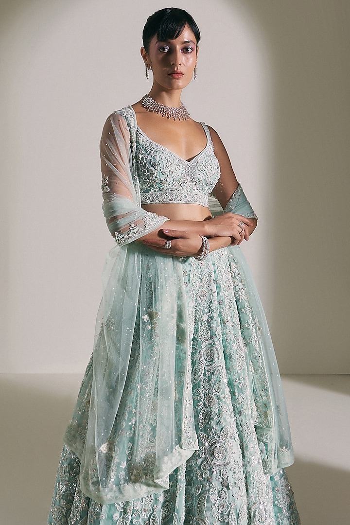 Tiffany Blue Organza Sequins Embroidered Bridal Lehenga Set by Angad Singh at Pernia's Pop Up Shop