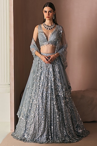 Ice Grey Net Cutdana & Sequins Embroidered Lehenga Set by Angad Singh