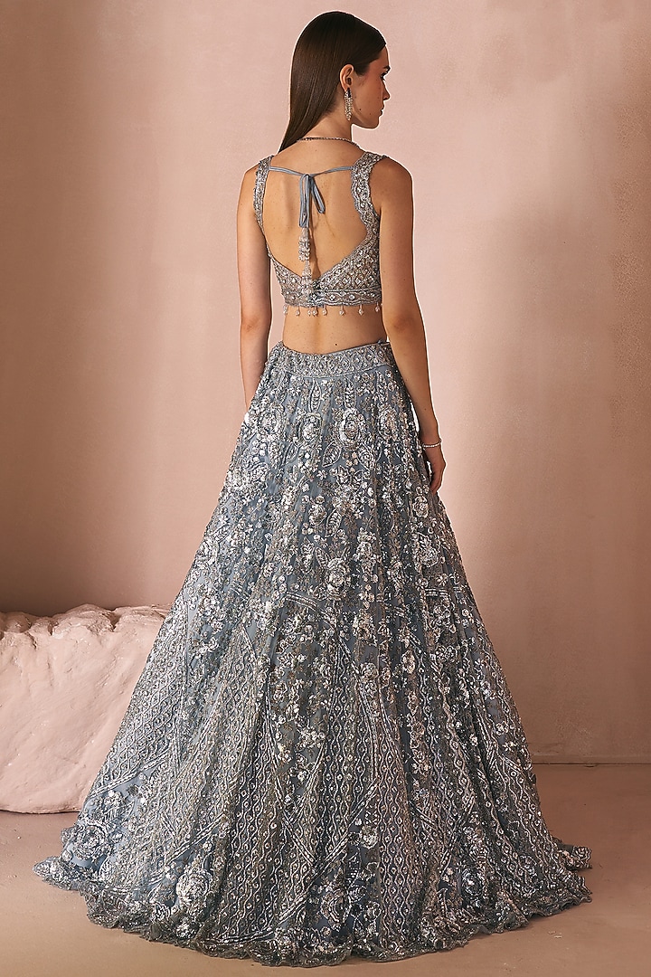 Ice Grey Net Cutdana & Sequins Embroidered Bridal Lehenga Set by Angad Singh at Pernia's Pop Up Shop