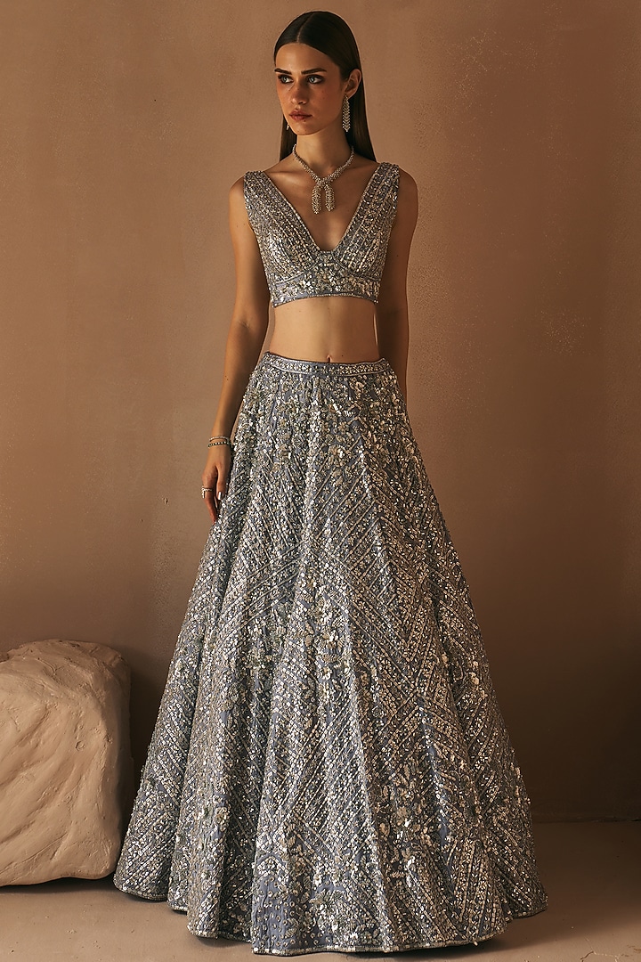 Ice Grey Net Cutdana & Sequins Embroidered Bridal Lehenga Set by Angad Singh at Pernia's Pop Up Shop
