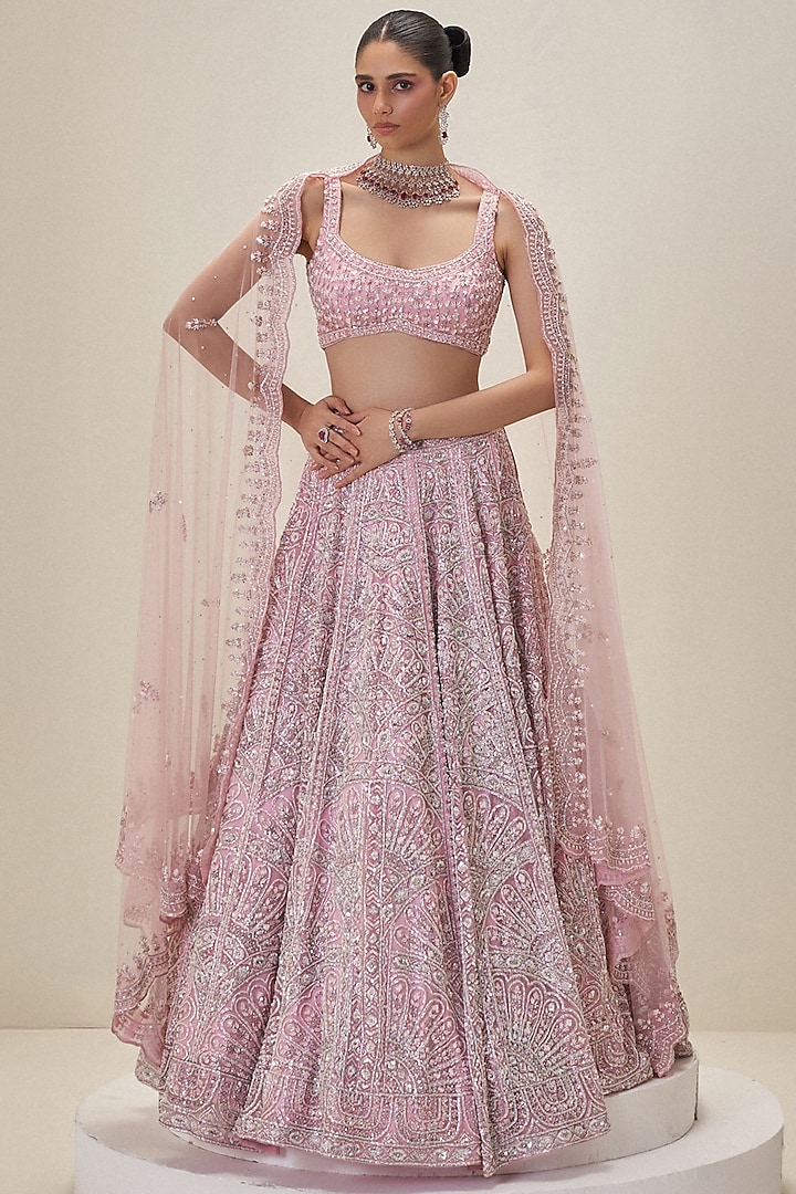 Rose Pink Organza Cutdana Embroidered Bridal Lehenga Set by Angad Singh at Pernia's Pop Up Shop
