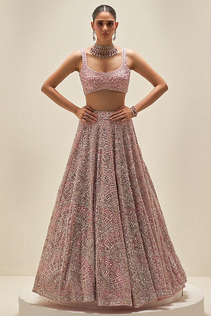 Rose Pink Organza Cutdana Embroidered Bridal Lehenga Set by Angad Singh at Pernia's Pop Up Shop