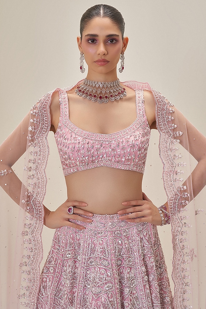 Rose Pink Organza Cutdana Embroidered Bridal Lehenga Set by Angad Singh at Pernia's Pop Up Shop