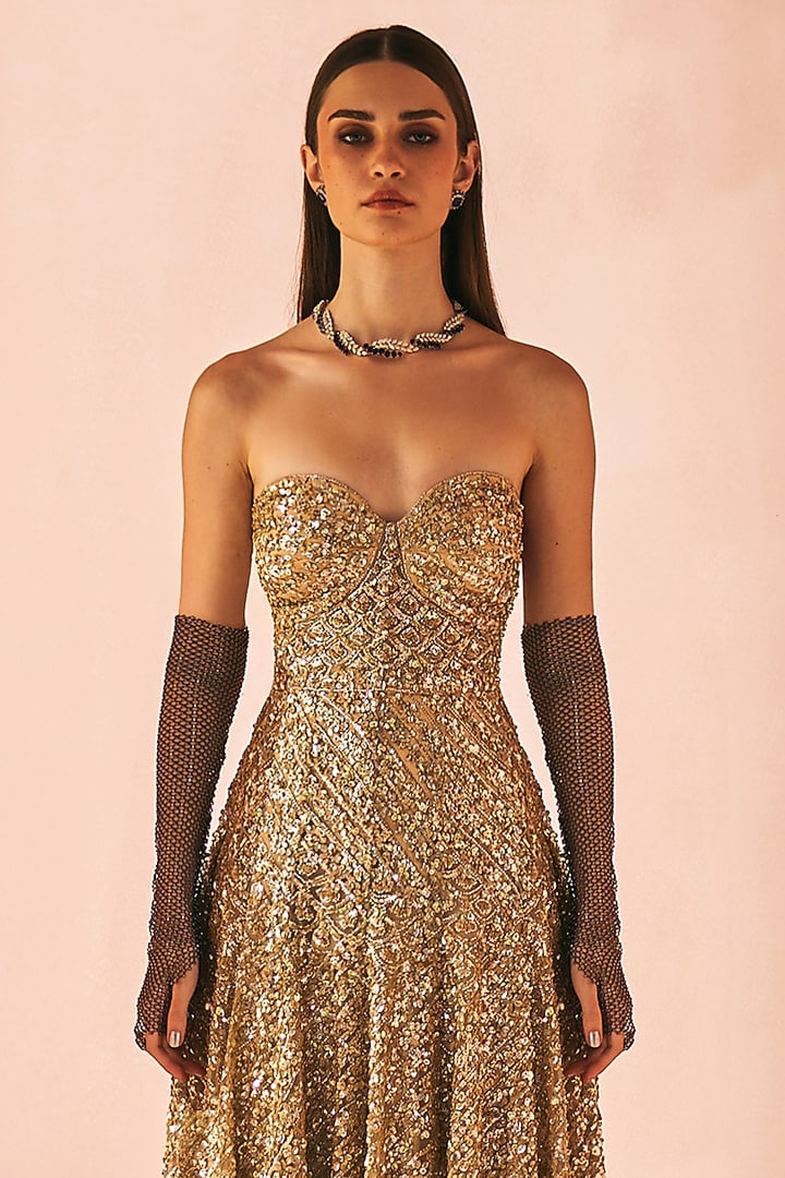Antique Gold Net Sequins Embroidered Bustier Bridal Gown by Angad Singh at Pernia's Pop Up Shop