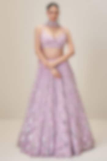Lilac Satin Organza Crystal Embroidered Bridal Lehenga Set by Angad Singh at Pernia's Pop Up Shop
