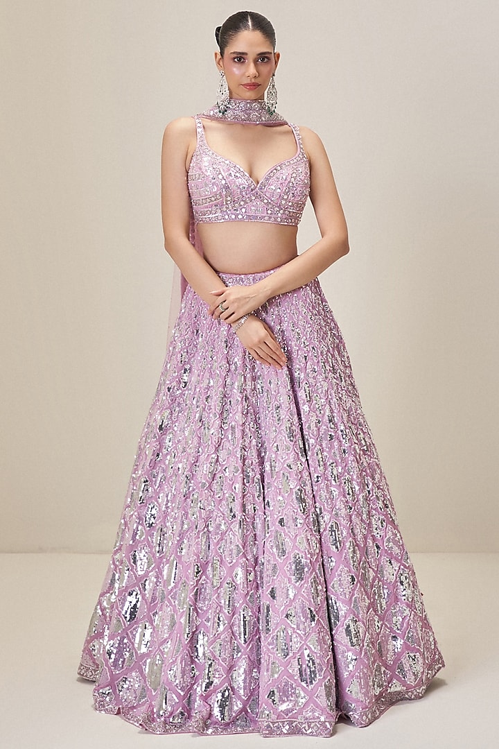 Lilac Satin Organza Crystal Embroidered Bridal Lehenga Set by Angad Singh at Pernia's Pop Up Shop