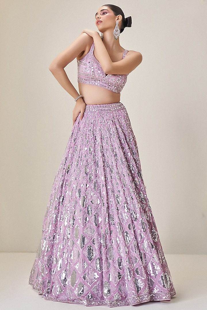 Lilac Satin Organza Crystal Embroidered Bridal Lehenga Set by Angad Singh at Pernia's Pop Up Shop