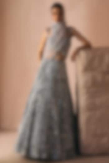 Ice Grey Satin Organza Crystal Embroidered Bridal Lehenga Set by Angad Singh at Pernia's Pop Up Shop