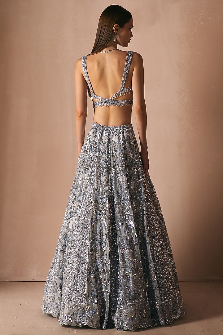 Ice Grey Satin Organza Crystal Embroidered Bridal Lehenga Set by Angad Singh at Pernia's Pop Up Shop