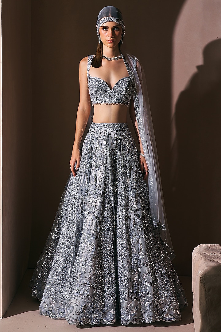 Ice Grey Satin Organza Crystal Embroidered Bridal Lehenga Set by Angad Singh at Pernia's Pop Up Shop