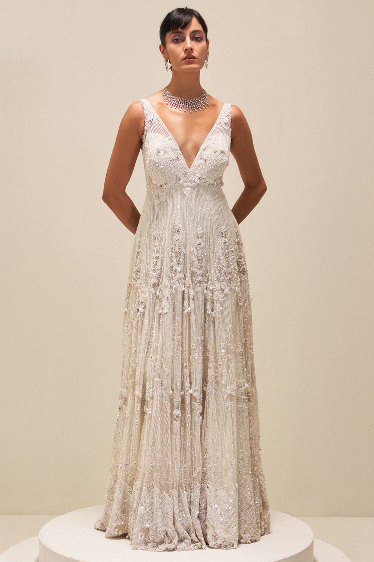 Ivory Net Sequins Embroidered Gown by Angad Singh at Pernia's Pop Up Shop