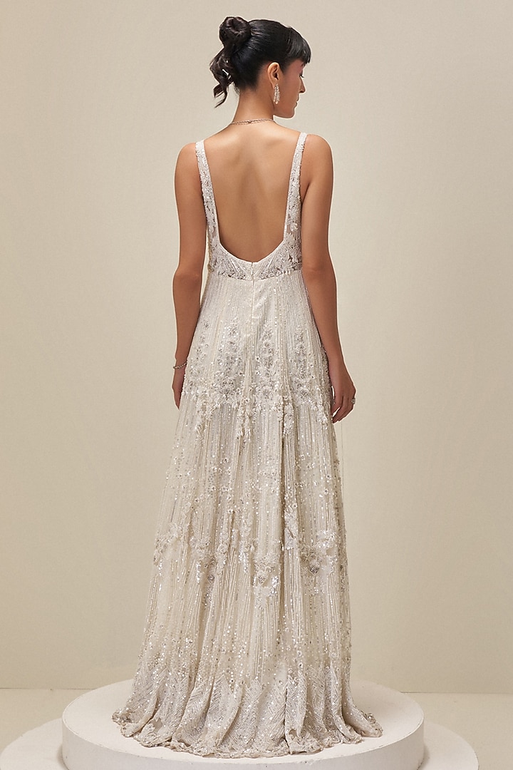 Ivory Net Sequins Embroidered Gown by Angad Singh at Pernia's Pop Up Shop
