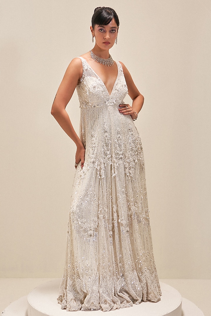 Ivory Net Sequins Embroidered Gown by Angad Singh at Pernia's Pop Up Shop