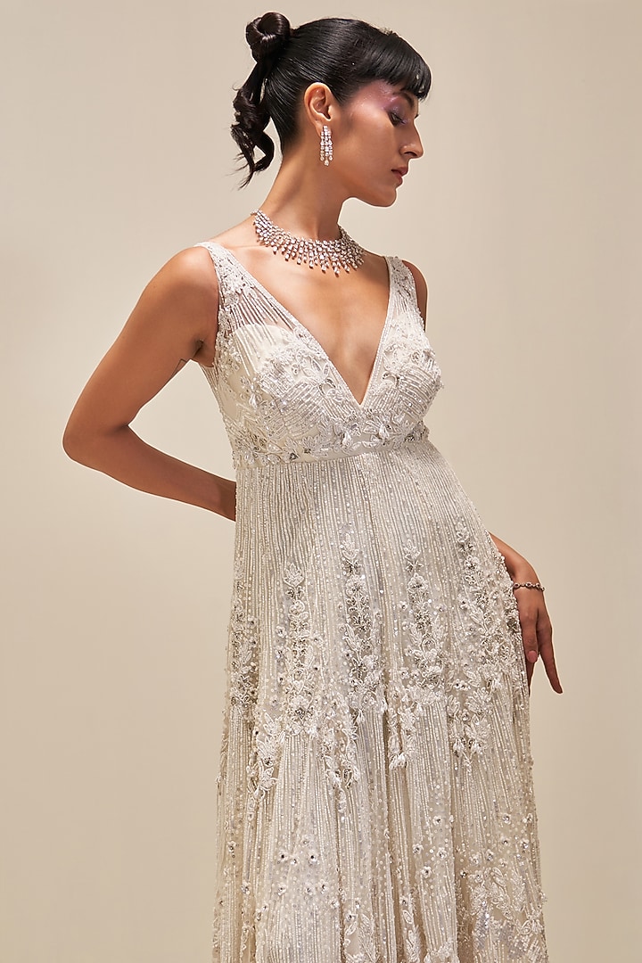 Ivory Net Sequins Embroidered Gown by Angad Singh at Pernia's Pop Up Shop