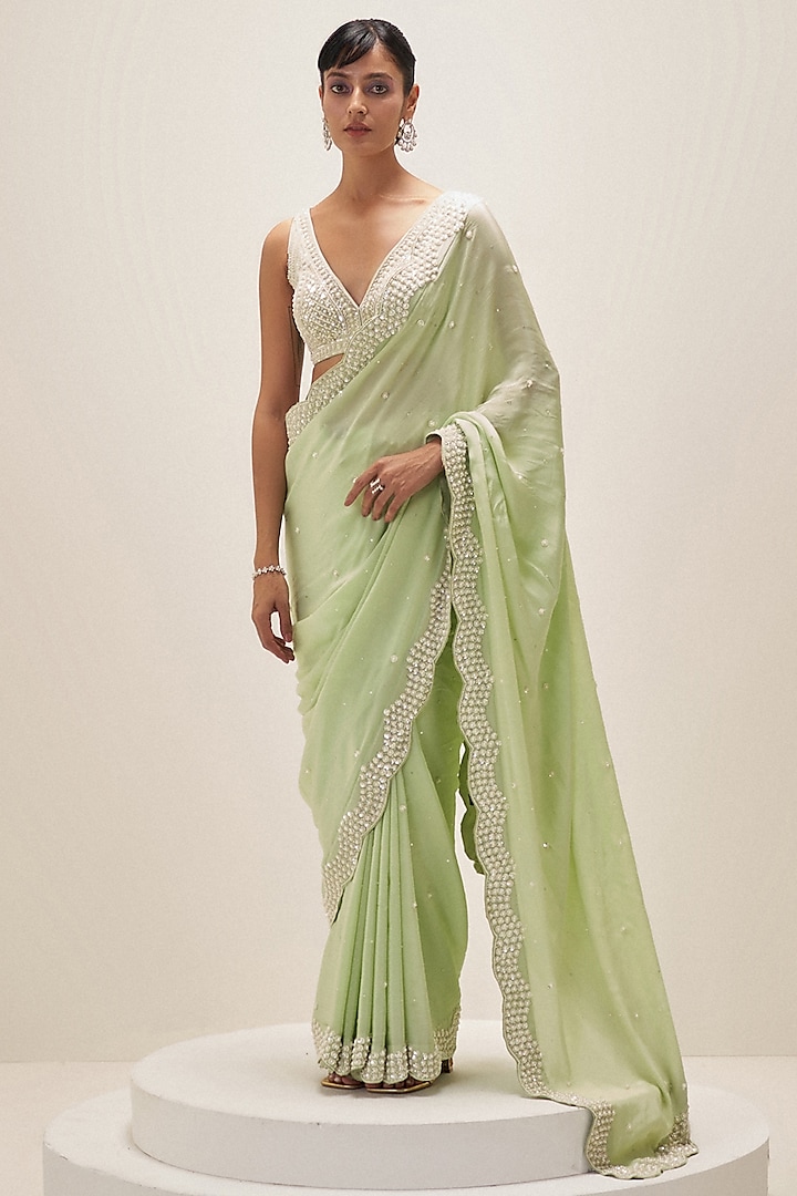 Pistachio Green Crepe Pearl Hand Embroidered Wedding Saree Set by Angad Singh at Pernia's Pop Up Shop