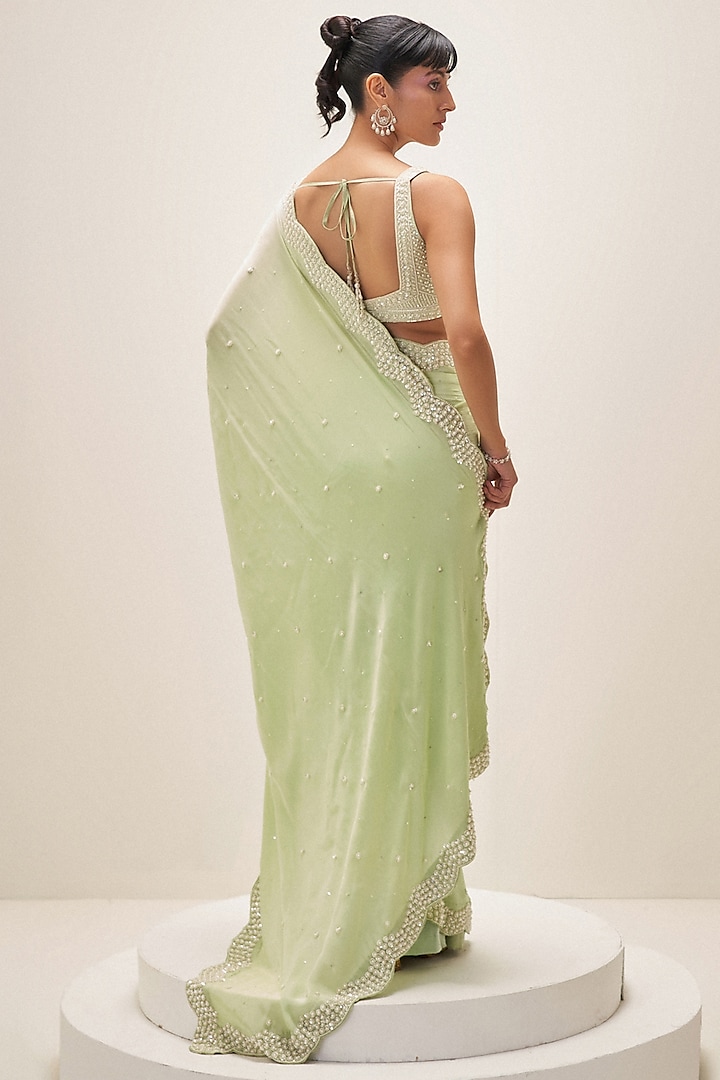 Pistachio Green Crepe Pearl Hand Embroidered Wedding Saree Set by Angad Singh at Pernia's Pop Up Shop