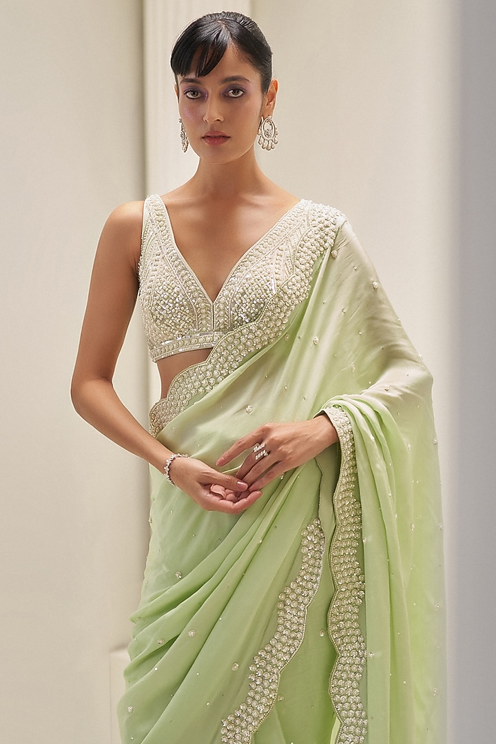 Pistachio Green Crepe Pearl Hand Embroidered Wedding Saree Set by Angad Singh at Pernia's Pop Up Shop
