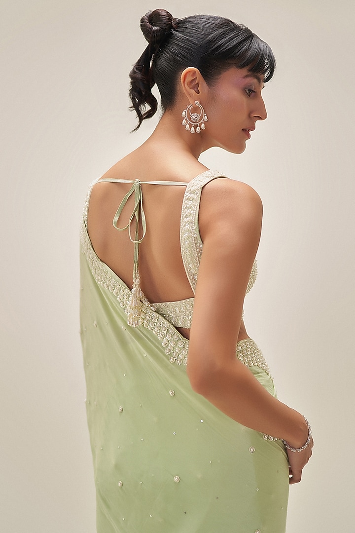 Pistachio Green Crepe Pearl Hand Embroidered Wedding Saree Set by Angad Singh at Pernia's Pop Up Shop