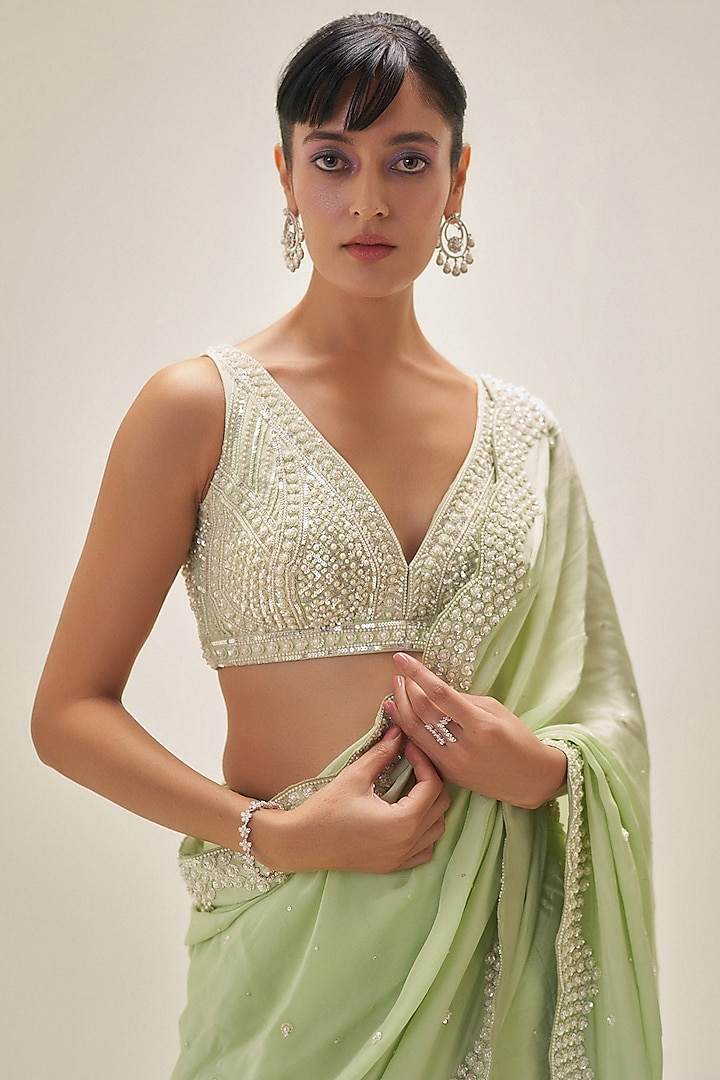 Pistachio Green Crepe Pearl Hand Embroidered Wedding Saree Set by Angad Singh at Pernia's Pop Up Shop