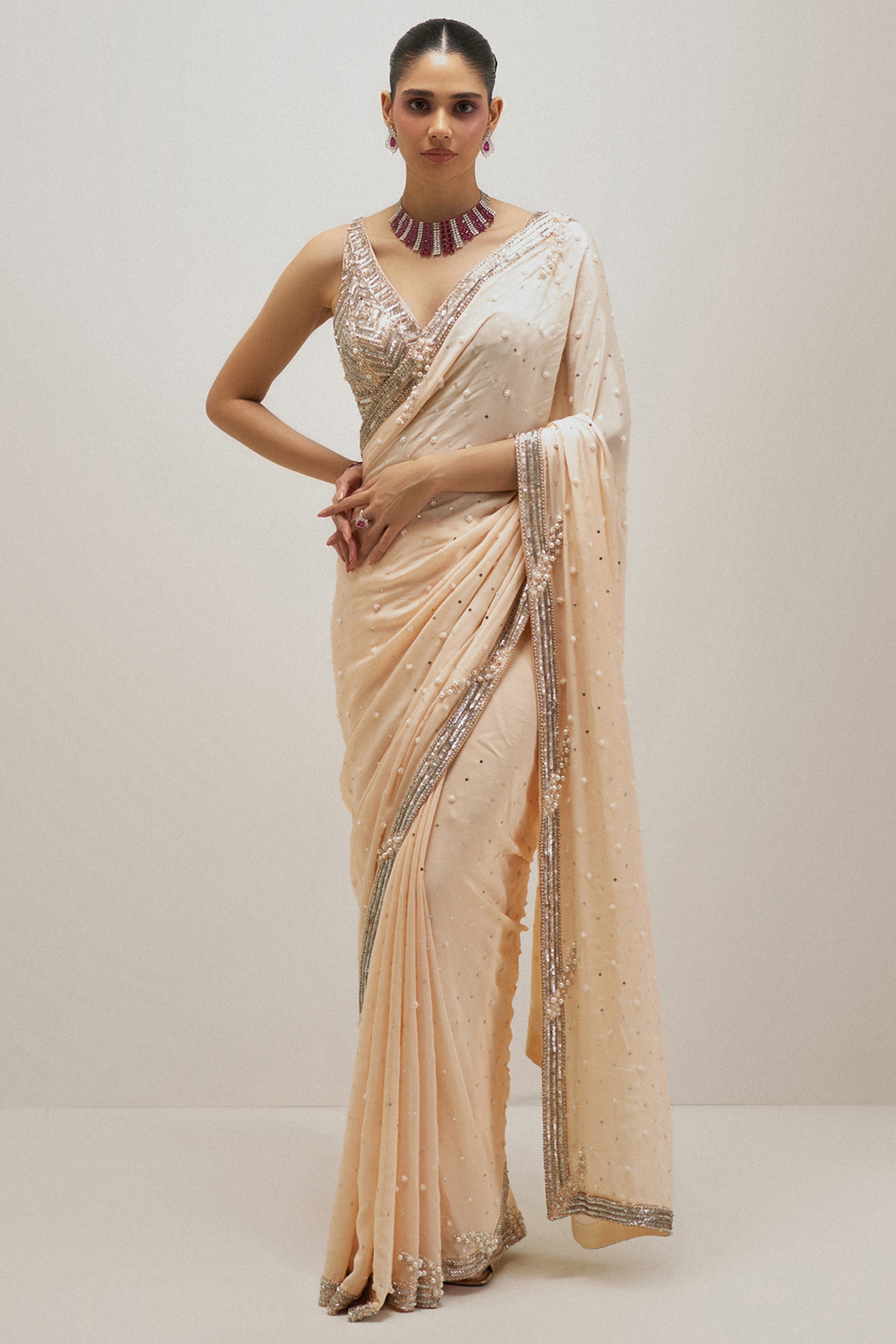 Peach Green Crepe Sequins Embellished Wedding Saree Set by Angad Singh at Pernia's Pop Up Shop