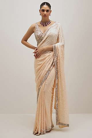 Peach Green Crepe Sequins Embellished Saree Set by Angad Singh