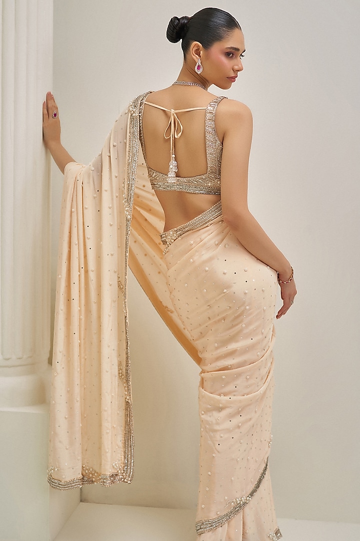 Peach Green Crepe Sequins Embellished Wedding Saree Set by Angad Singh at Pernia's Pop Up Shop