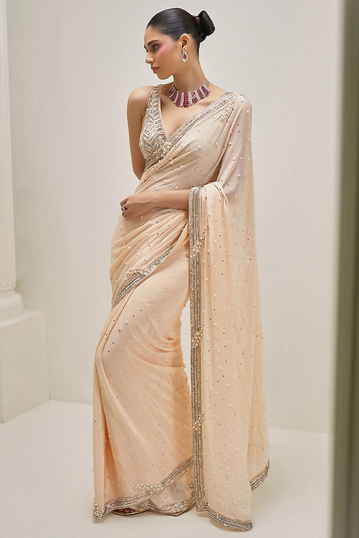 Peach Green Crepe Sequins Embellished Wedding Saree Set by Angad Singh at Pernia's Pop Up Shop