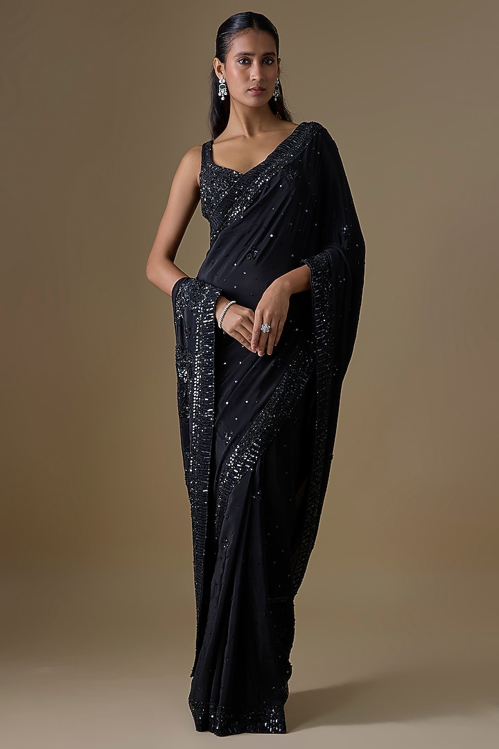 Black Crepe Wedding Saree Set by Angad Singh at Pernia's Pop Up Shop