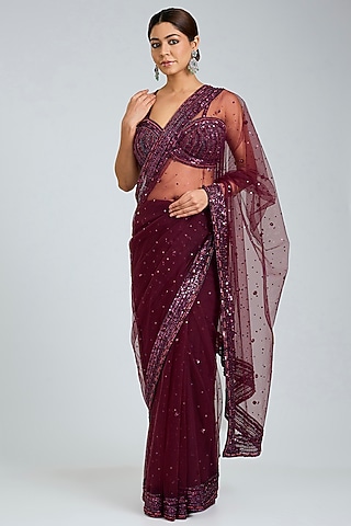 Crimson Red Net Embroidered Saree Set by Angad Singh