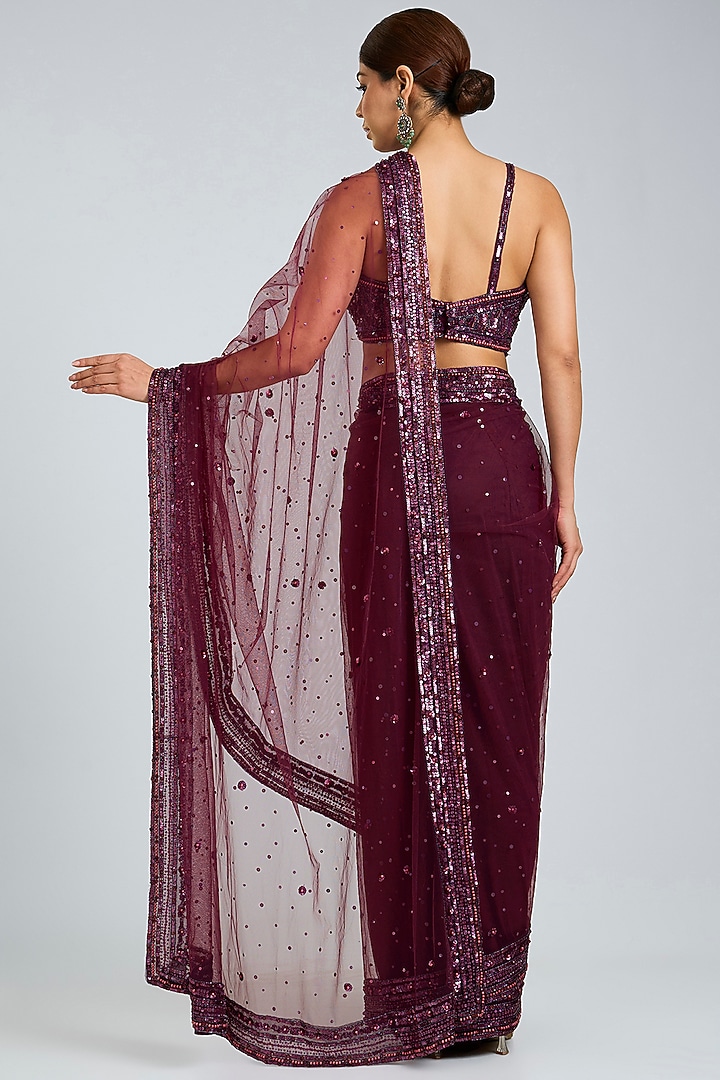 Crimson Red Net Embroidered Wedding Saree Set by Angad Singh at Pernia's Pop Up Shop